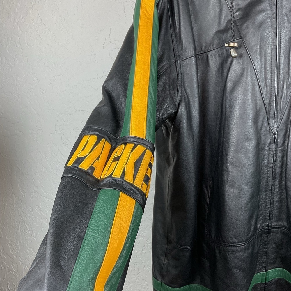 Vintage G-III by Carl Banks Full Zip Hooded Green Bay Packers Leather Jacket - Picture 3 of 14